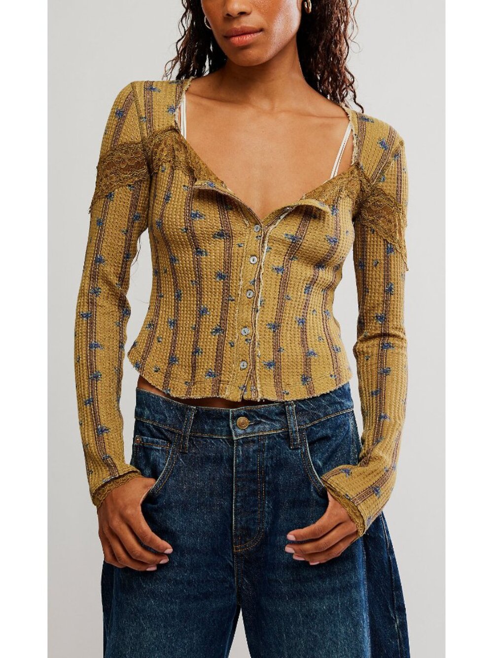 Free People Let's Party Printed Cardi Beehive Mustard Lace-Trim Top NWT Small